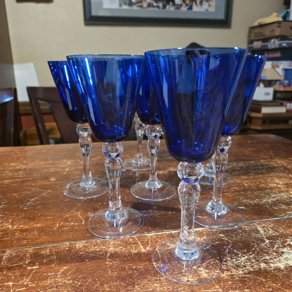 Vintage Morgantown Cobalt Blue Clear Bubble Stem Wine Water Goblets Set of 6